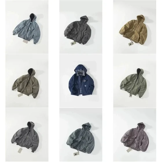 Hooded jackets photographed in several colors