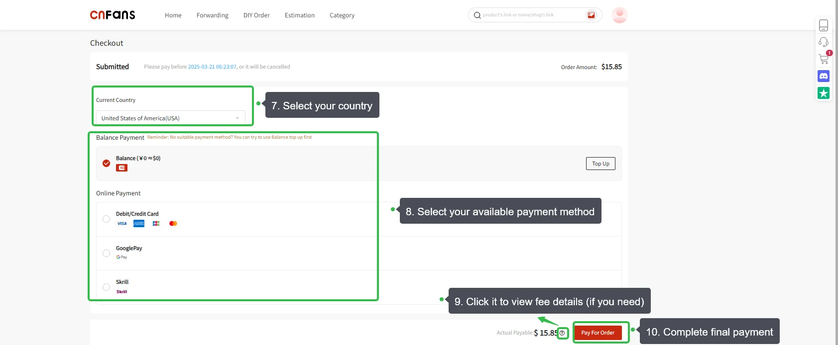 Historical annotated payment example. The numbers 7–10 printed inside this picture belong to its original annotations, not the nine steps in this guide. Methods and amounts are examples.