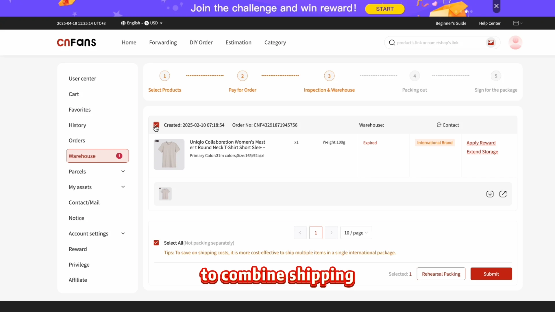 Historical Warehouse selection screen with an Expired example. Resolve storage and eligibility warnings before submitting an outbound request.